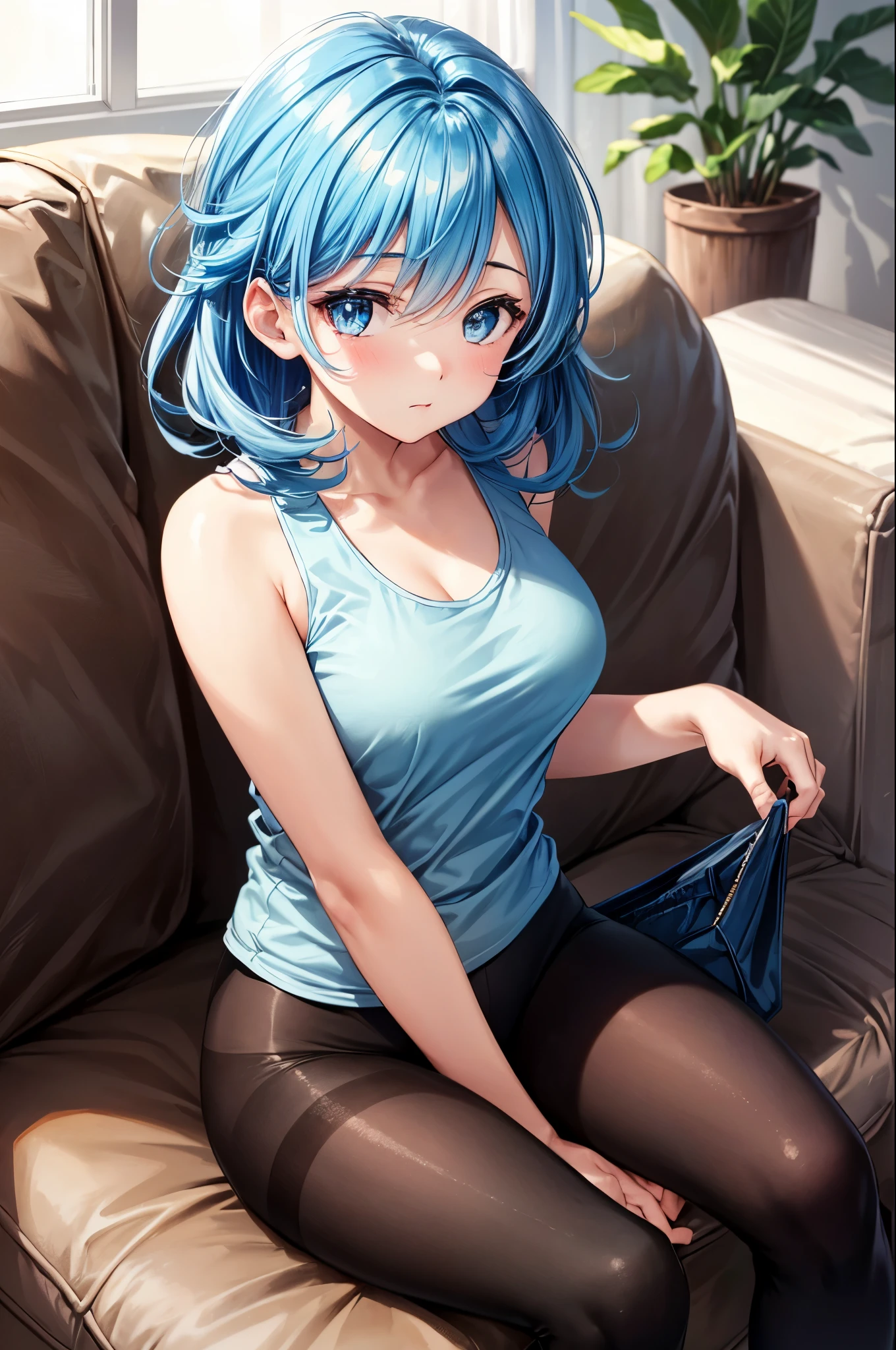 1 girl, bluenette hair, light blue hair, next door girl, sitting on couch, leggings, tank top, pantyhose, big sweet eyes
