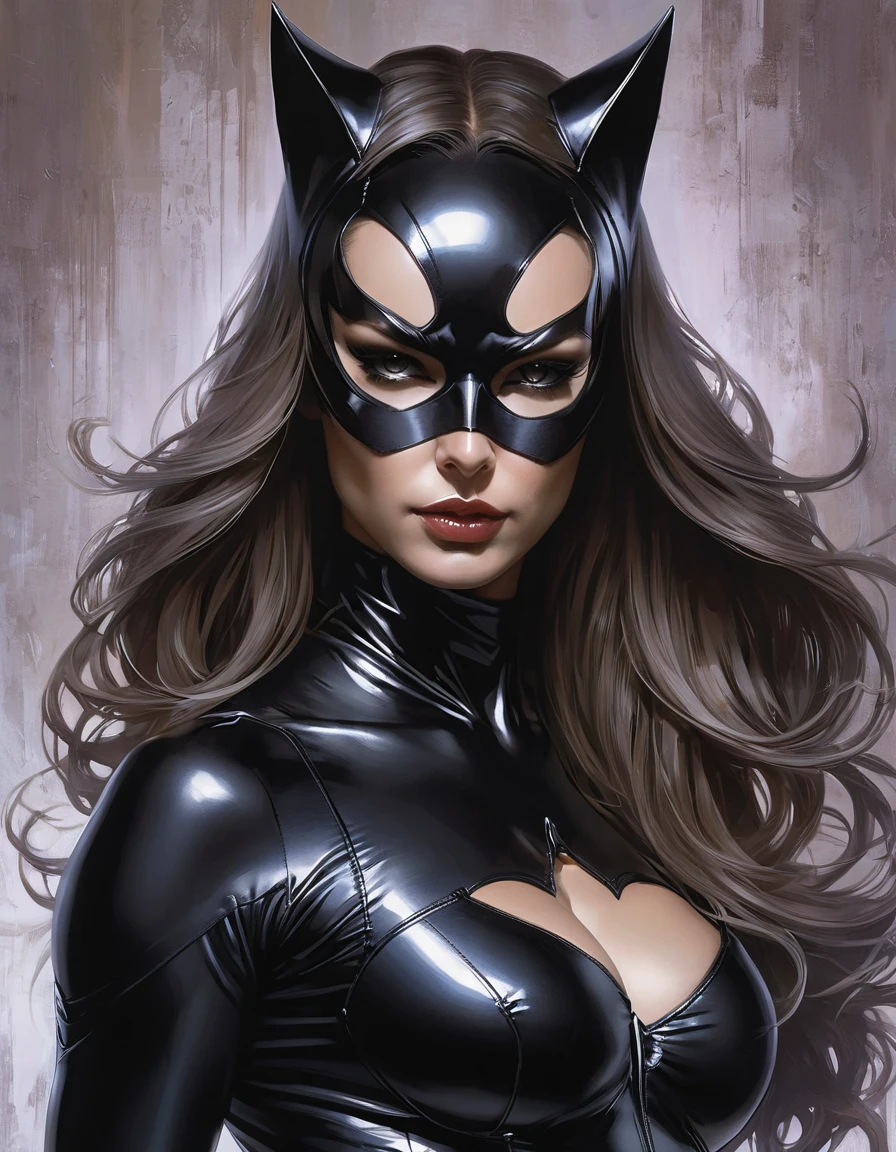 a woman with long hair wearing a Cat woman costume, sexy painting of Catwoman, hybrid of Catwoman, stephen lau and artgerm, as seen on artgerm, artgerm julie bell beeple, stanley artgerm lau, artgerm and ben lo, portrait of cat woman, artgerm on artstation pixiv