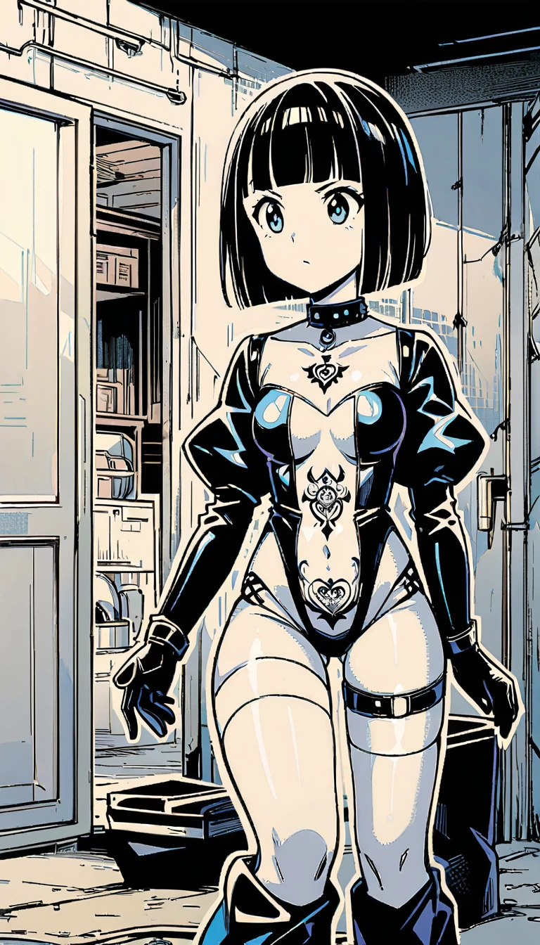 Anime line art, (monochrome), black and white, (colorless), Full body image of latex gothic fashion girl, Japanese cartoons, Lovely, dark hair, blunt bangs, Straight short Bob, (Navel tattoo), black gloves, Latex knee-high boots, High-gloss finish, Super detailed, (basement), 8K.