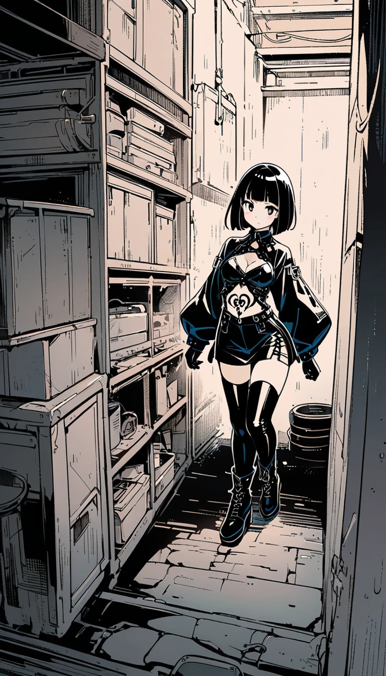 Anime line art, (monochrome), black and white, (colorless), Full body image of latex gothic fashion girl, Japanese cartoons, Lovely, dark hair, blunt bangs, Straight short Bob, (Navel tattoo), black gloves, Latex knee-high boots, High-gloss finish, Super detailed, (basement), 8K.