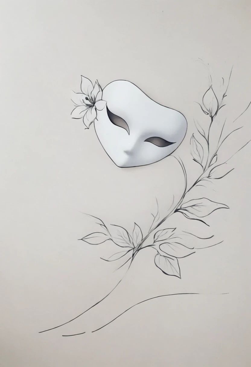 (Anime line drawing:1.5)，(black and white painting:1.45)，Minimalism，(line art:1.6)，sketch，mask，flower,Illustration in surreal art style，surreal dream，Dubrec style,