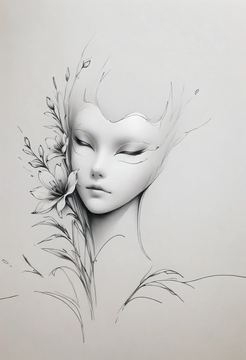(Anime line drawing:1.5),(black and white painting:1.45),Minimalism,(line art:1.6),sketch,mask,flower,Illustration in surreal art style,surreal dream,Dubrec style,