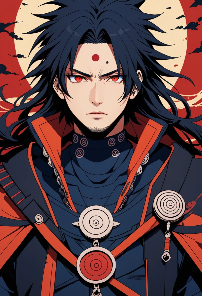 1boy, Madara Uchiha, Naruto, One of the most powerful and legendary villains in the Naruto universe, known for his mastery of the Sharingan and his role in founding the Hidden Leaf Village, (masterpiece), (best quality), (ultra-detailed), very aesthetic, illustration, disheveled hair, perfect composition, moist skin, intricate details, anime artwork, anime style, key visual, vibrant, studio anime, highly detailed, Anime line art, lineart, line art, flat colors, flat color