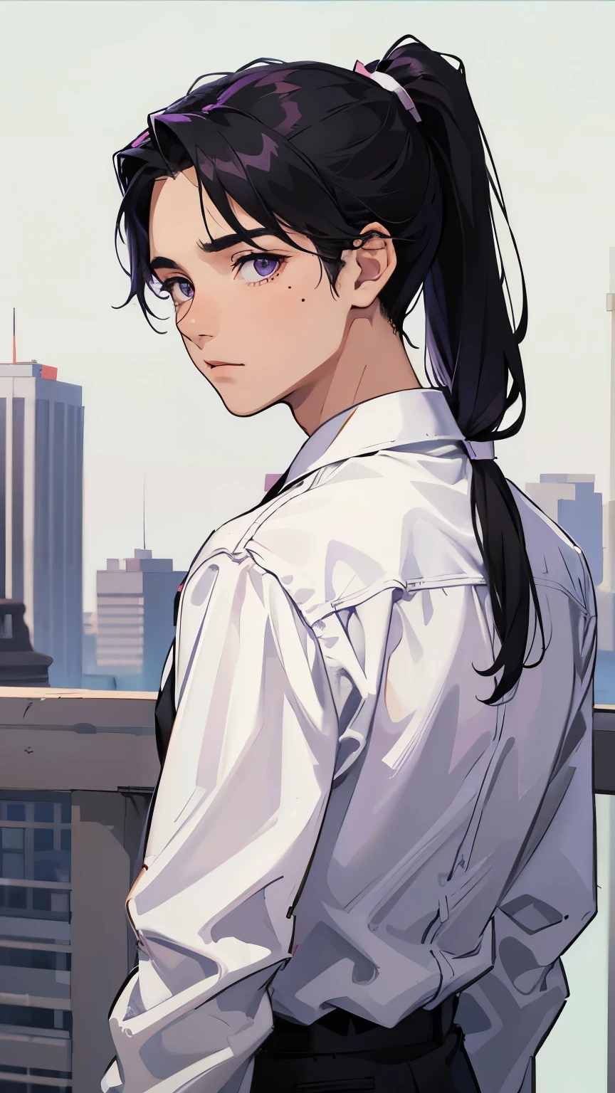15 year old black haired boy,all back,ponytail,purple eyes,White shirt and black slacks,Mole under the right eye