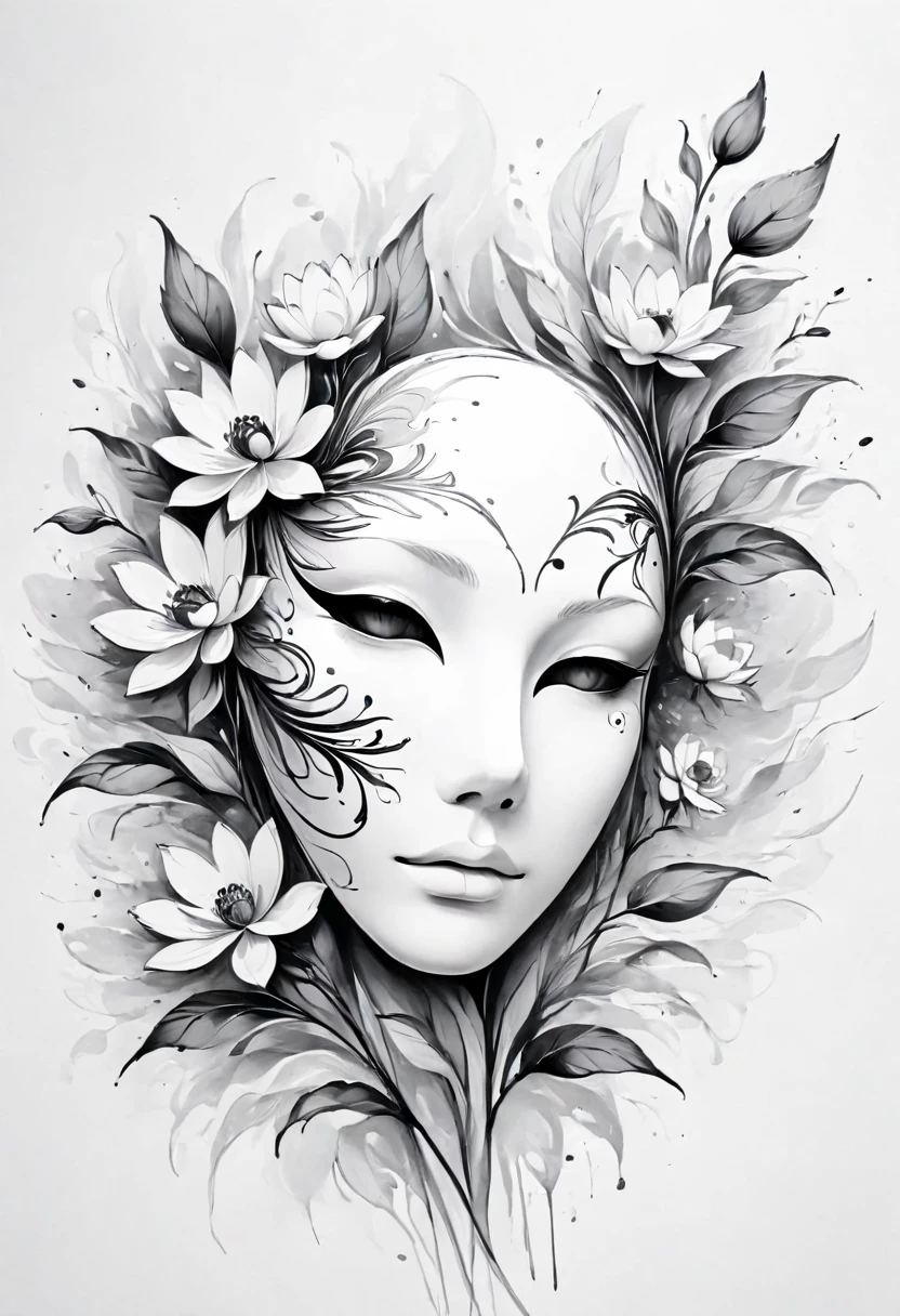 (Anime line drawing:1.5)，(black and white painting:1.45)，Minimalism，(line art:1.6)，sketch，mask，flower,Illustration in surreal art style，surreal dream，Dubrec style,