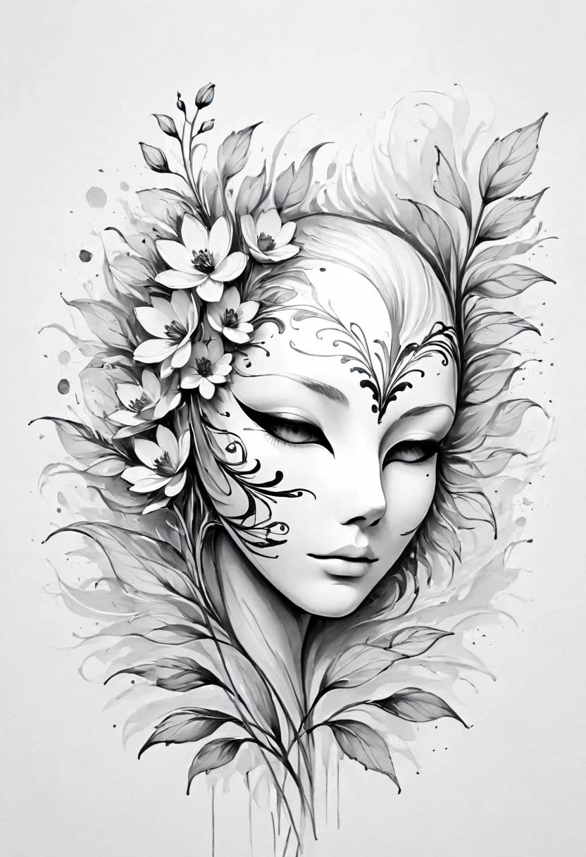 (Anime line drawing:1.5),(black and white painting:1.45),Minimalism,(line art:1.6),sketch,mask,flower,Illustration in surreal art style,surreal dream,Dubrec style,