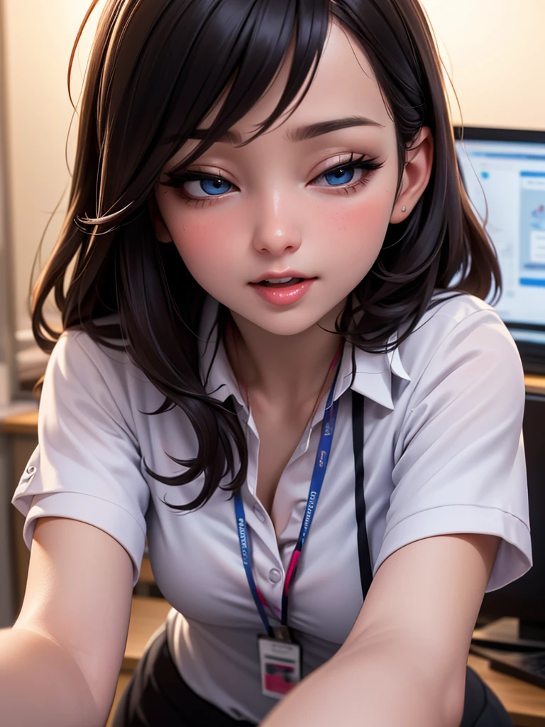 (high quality, High resolution, fine details, actual), ((((Kiss me)))), Selfie action, rely on, alone, miss, ((Female office worker)), Bright Eyes, (exquisite eyes), (Half closed eyes), blush, (open mouth), kiss me, (A seductive expression), Shallow depth of field