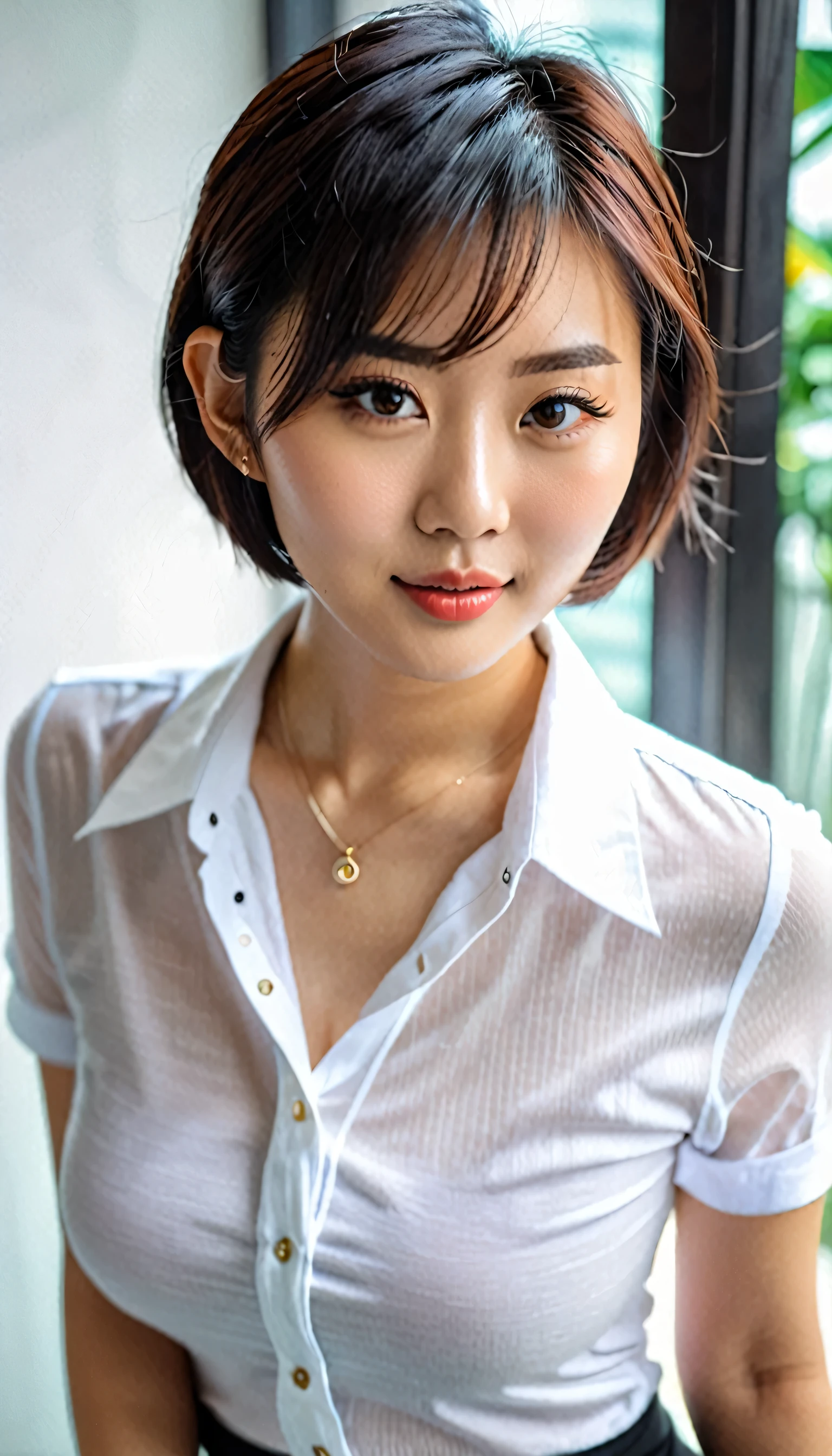 (8k, Best Quality, Masterpiece: 1.2), (Realistic, Realistic: 1.37), Ultra Detailed, 1 Girl, Cute, Solo, Beautiful Detailed Sky, Detailed Cafe, Night, Sitting, Dating, ( red nose), (smile: 1.15), (shut up) small breasts, beautiful and delicate eyes, (collared shirt: 1.1), night, wet, business attire, rain, white lace, (short hair: 1.2), flowing hair NovaFrogStyle,