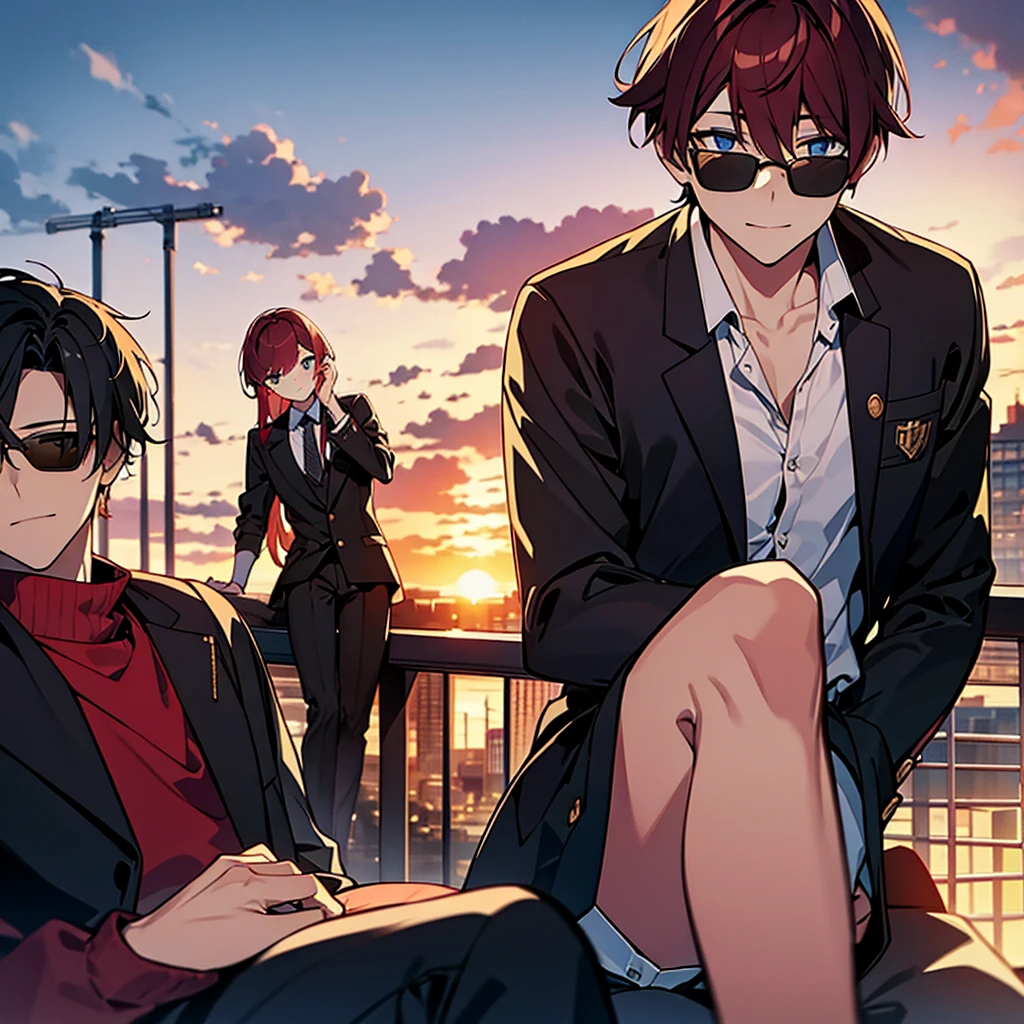 (masterpiece:1.3), (High resolution), (8K), (very detailed), 2boy, ２young people, backwards, The background is the sunset and the school rooftop, backwards, ベンチでsit, Bad friend and a young man with asymmetrical wine-red hair wearing sunglasses, sit　and Black-haired young man,sit