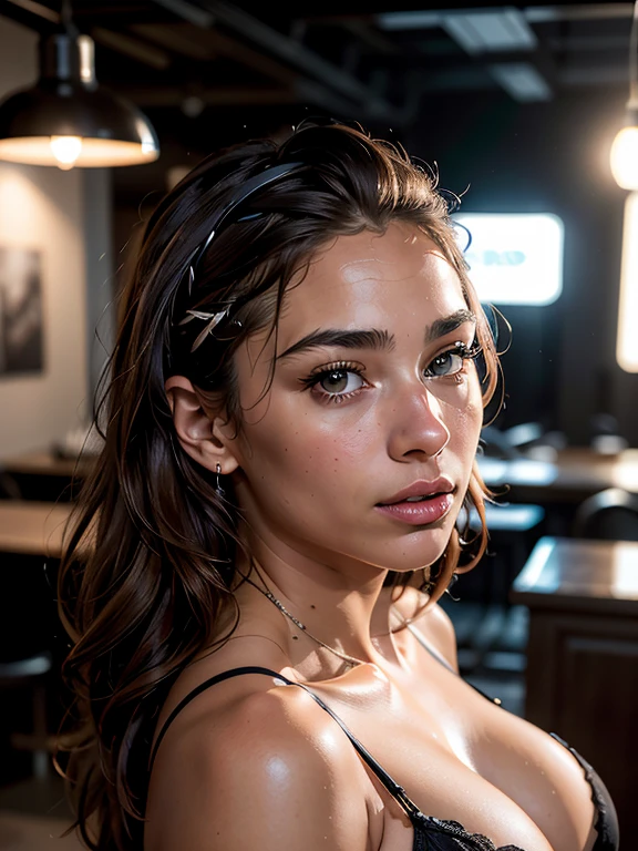 hyperréalisme, (photorealistic:1.2), (grain de film:1.3), chef-d'artwork, best quality, Perfect detail, cinema lighting, photo professionnelle, photo realistic, Photo brute, selfie visage en gros plan, Abella Danger, soutien gorge noir, prendre un selfie dans la cabine d'essayage .