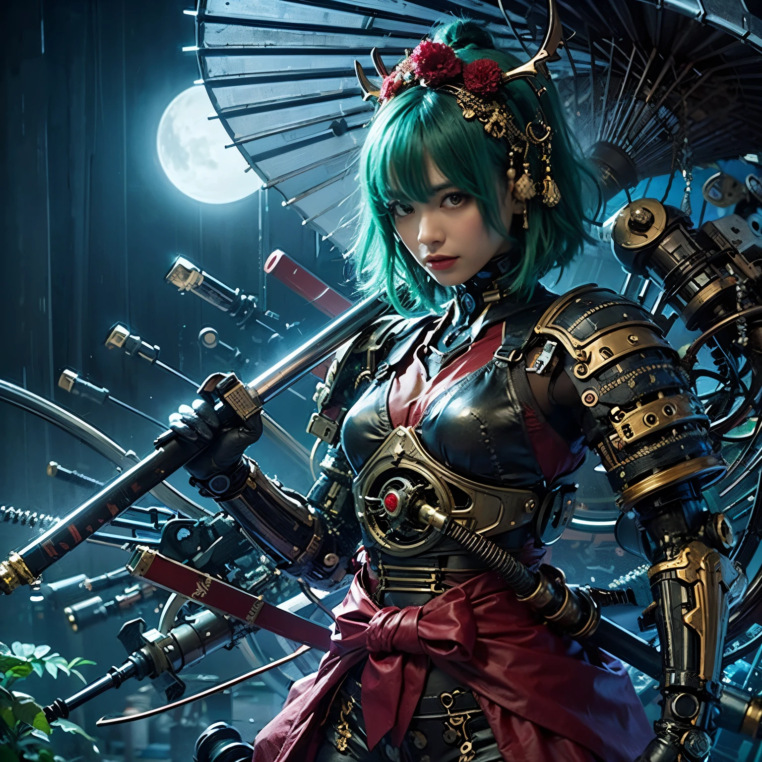(top-quality:1.2, masterpiece)、ultra high resolution、extremely ultra surrealism, (Photorealsitic:1.4)、Raw photo、(Steampunk Battle Cyborg fallen angel)、large wings made of metal、black porcelain body、red hair、glowy skin、1 Cyborg girl、(mechanical frame:1.3)japanese, extremely cute face, ((super realistic details))、portrait、globalillumination、Shadow、octan render、8K、ultrasharp、character edge light、Details of complex ornaments、Acrylic Clear Cover、Sumerian details、Hydraulic cylinder、Small LED lamp、highly intricate detail、Realistic light、a purple eye、radiant eyes、Facing the camera、neon details、cowboy shot、Futuristic headgear、About Cyberpunk