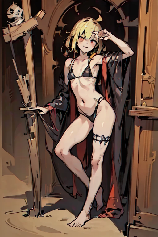 ((Blonde tropical girl))、((beach)), ((sexy pose)),cartoon style, Horror elements, Comic book style illustrations, (drawing style), Japanese painting, full body (Spooky), Japanese carving, primitive art, circus, crazy illustration, flat illustration、small eyes