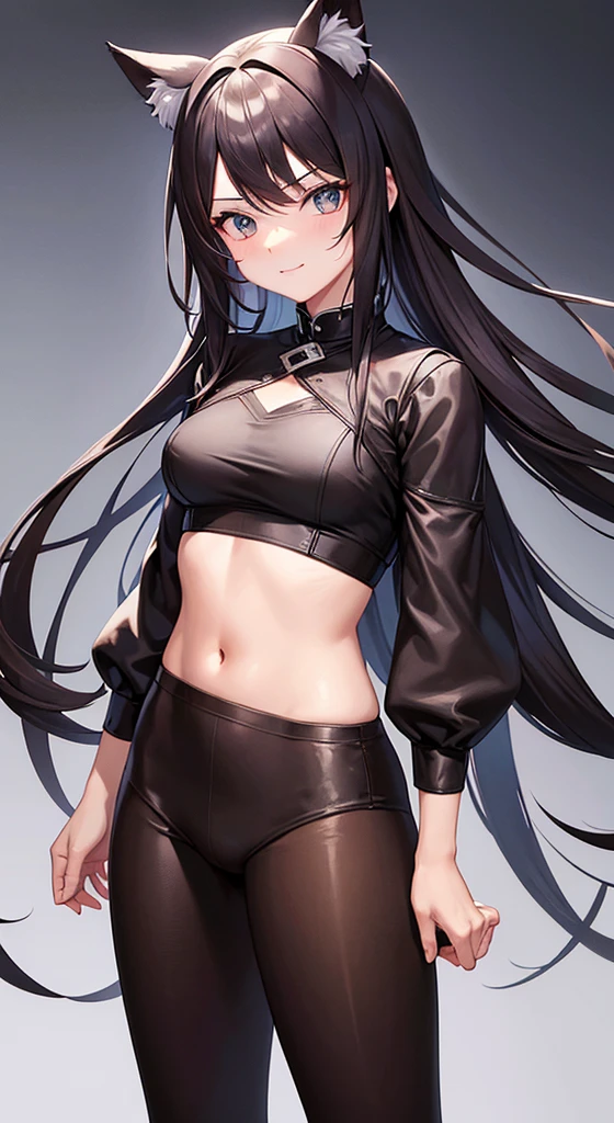 delta, 1girl, solo, short, small breasts, black hair, straight perm hair, messy hair, spike hair, bedhead, purple eyes, thin body, thin waist, black dog ears , black dog tail, nails, fang,,,, slime bodysuit, gold and black bodysuits, sleeveless_turtleneck_bodysuits, bare shoulders,,,, outdoors, Meadow, road, mountain, forest, blue sky, white clouds,,,, full body, excitement, grin, open mouth, joy, blush, cowboy shots, dynamic angles, (((skipping))), natural light, walking, floating hair, sweat, paw pose, 8k, 4k, full hd