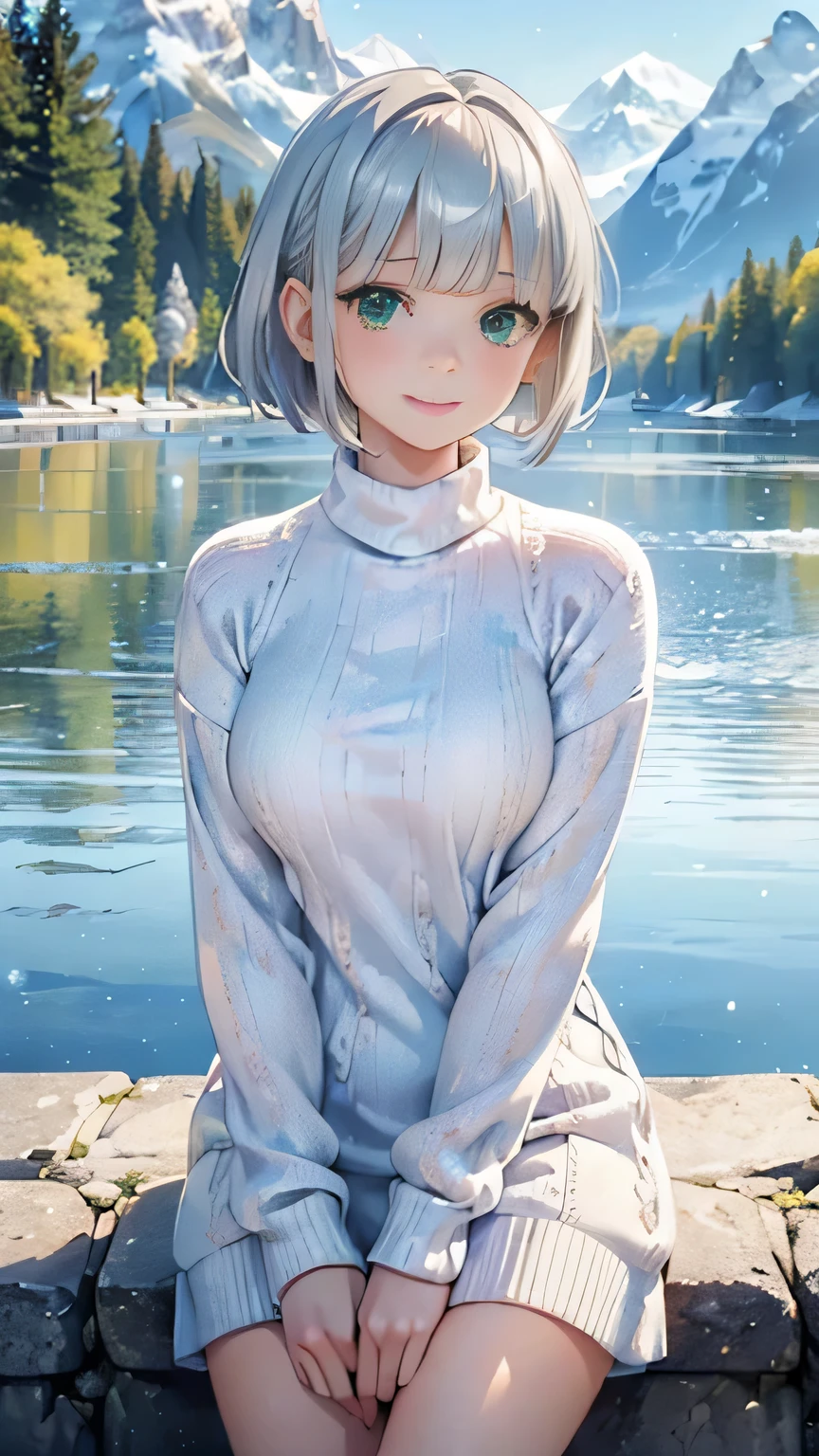 (White one piece knit sweater),((1girl,cute,young,pixie cut beautiful silver blonde hair,blunt bangs,beautiful green eyes)),(solo),((masterpiece, highest resolution,best quality)), (beautiful illustration),
(looking at the viewer), innocent smile,cinematic lighting,beautiful icy lake and mountains,flowers,trees,snow,blue sky