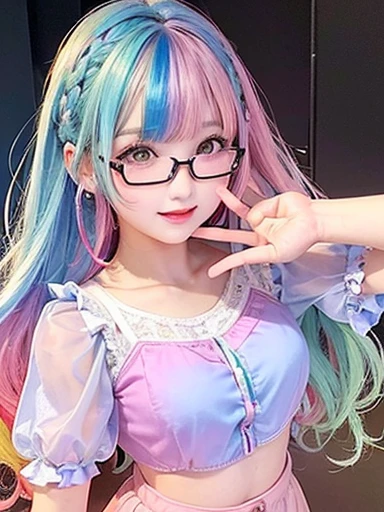 small face、 (alone:1.5,)Super detailed,bright colors, very beautiful detailed anime face and eyes, look straight, shiny_skin,girl, (((rainbow colored hair, colorful hair, Half blue、half pink hair: 1.2))), 、shiny hair, delicate beautiful face, blush、Glasses、(turquoise eyes), , Valletta, earrings,、flower garden、sunset、(((Stylish lace mini skirt,Translucent shirt)))、(twin tails)、(smile、happy face、face dyed red)、cheerful pose、dynamic、Upper body