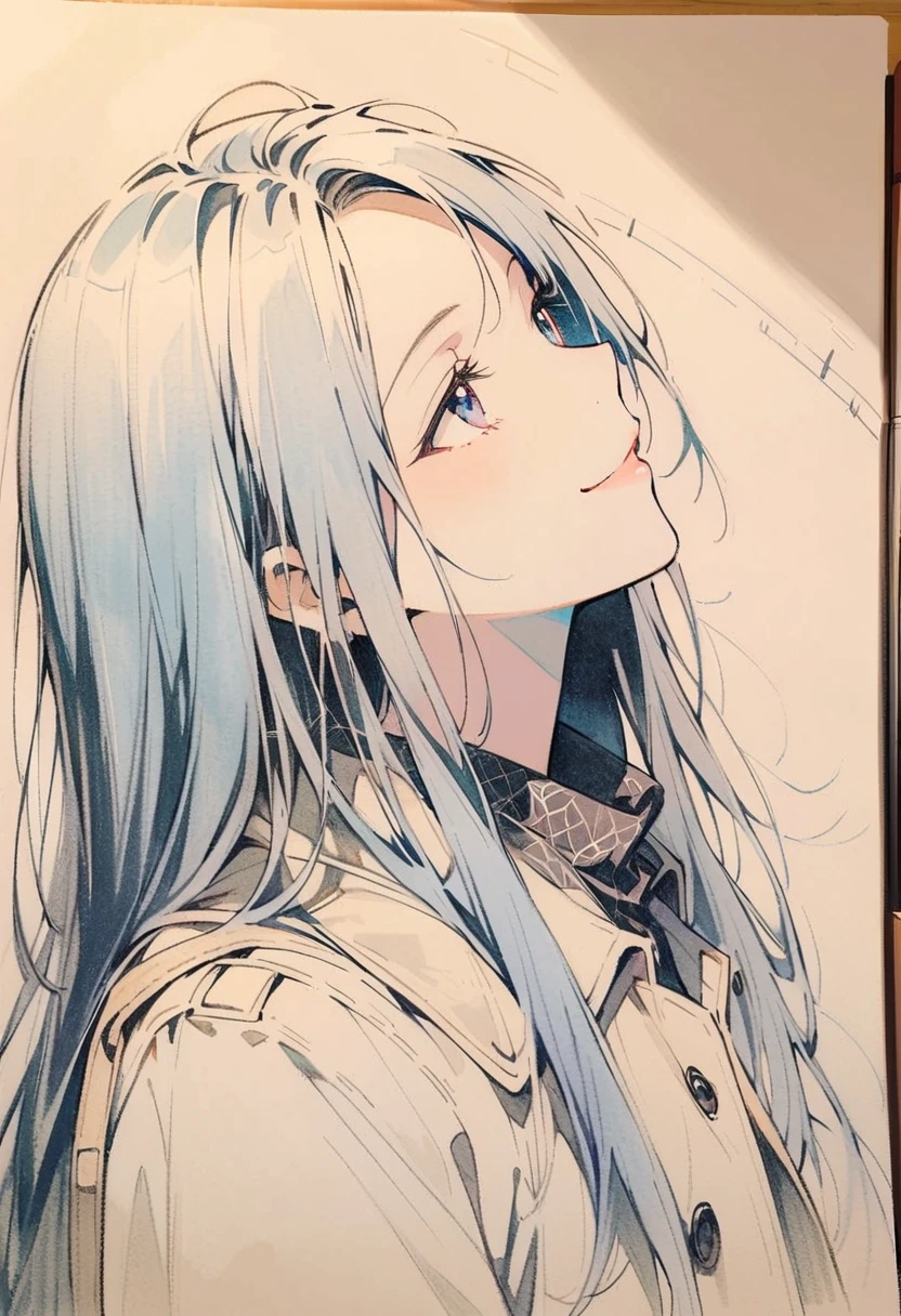 1 ,draw line,monochrome,（sketch:1.5、pattern、pencil drawing:1.5、Board:1.5）,Board，traditional media, upper part of body,look up,cold background ,(gothic style，Wear a large trench coat） , alone、( alone),beautiful portrait、look up、Smile，long hair