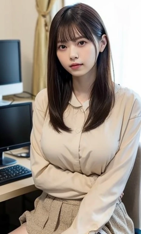 masterpiece, highest quality, 8k, 20th generation, Big Breasts, cute, alone, sad, cute, Girlish,cute 繊細な女の子, cute、Pure beauty, RAW Photos, Professional photography, Portraiture, Soft Light, Professional Lighting, Backlight, Upper Body, avert your eyes, Sophisticated, Film Grain, (Eye and facial details:1.0), Floating Hair, beautiful, Flowing hair, Asymmetrical bangs、(Big Breasts:1.4)、Loose white blouse、Grayish color cardigan、You can see a little bit of her chest、Micro Mini Skirt、Voluptuous thighs、dolly make、Heterochromia iridis、Office at night、In front of the computer、sitting in an office chair、