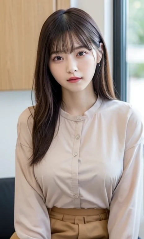 masterpiece、highest quality、16K、soft light、professional lighting、Pale shading、Weak contrast、Japanese、beautiful girl、daytime office、Window seat、sitting in front of the computer、Lavender tight blouse、pleated skirt of beige color、smooth and beautiful thighs、(big breasts:1.3)、Faint cleavage、fine and beautiful eyes、cute hanging eyes、gentle smile、(Thin, straight, long hair、high ponytail),(The bangs are see-through bangs)、