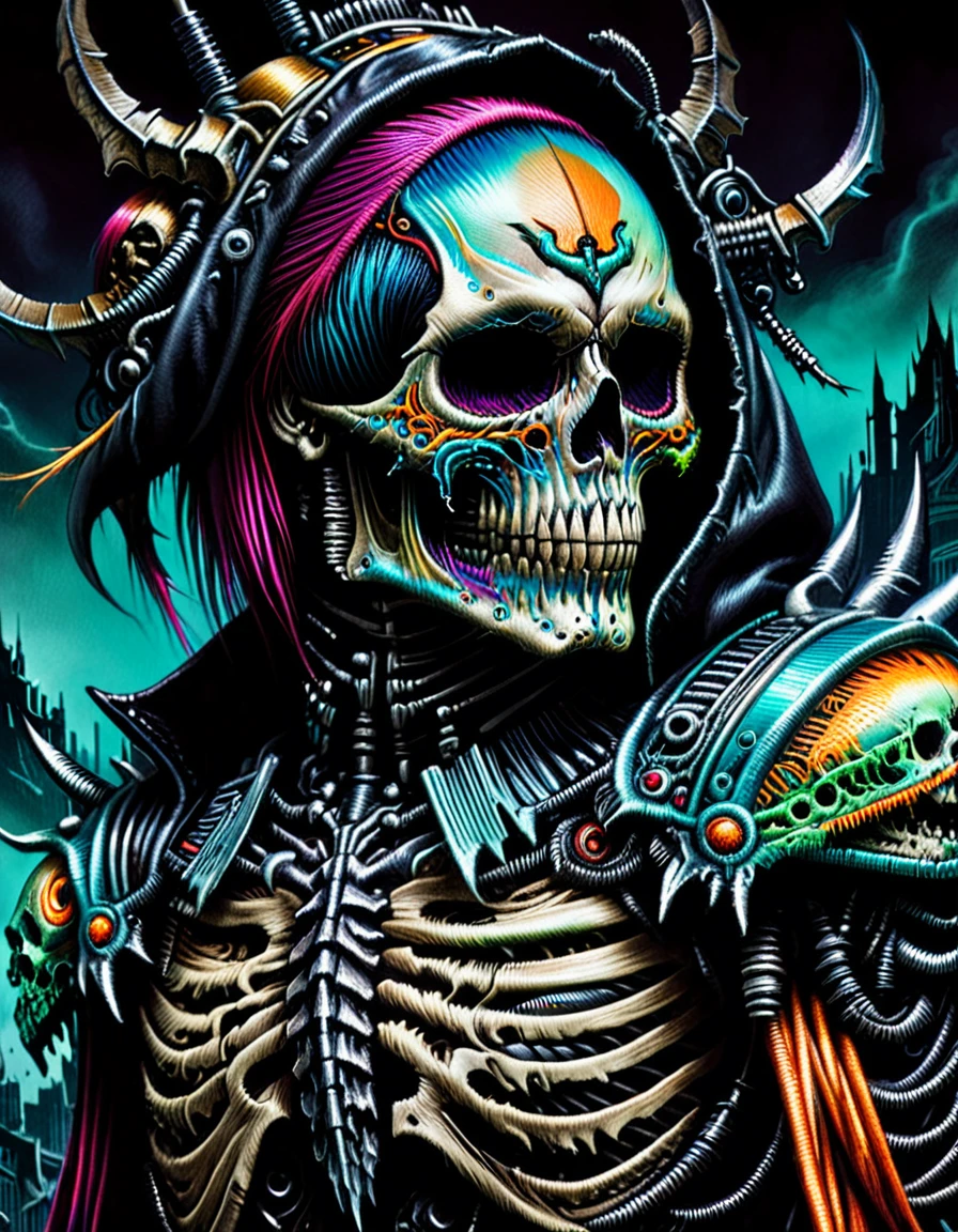 a close up of a person with a skull on their shoulder, fantasy skull, cyberpunk skeleton, amazing portrait of viego, scary detailed art in color, punk grim reaper, cyborg necromancer, great digital art with details, style of simon bisley, undead skeleton king, heavy metal art style, dark but detailed digital art, cyberpunk dark fantasy art
