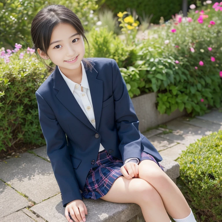 ((8K)),((Japanese)),(:1.6),(innocent face:1.5),(highly detailed face),girl,very cute,blazer,navy blue plaid skirt,black hair,baby face、smn、sitting、spread your legs