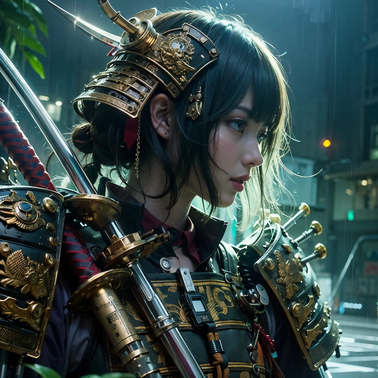 (top-quality:1.2, masterpiece)、ultra high resolution、extremely ultra surrealism, (Photorealsitic:1.4)、Raw photo、(Steampunk Battle Cyborg fallen angel)、large wings made of metal、black porcelain body、red hair、glowy skin、1 Cyborg girl、(mechanical frame:1.3)japanese, extremely cute face, ((super realistic details))、portrait、globalillumination、Shadow、octan render、8K、ultrasharp、character edge light、Details of complex ornaments、Acrylic Clear Cover、Sumerian details、Hydraulic cylinder、Small LED lamp、highly intricate detail、Realistic light、a purple eye、radiant eyes、Facing the camera、neon details、cowboy shot、Futuristic headgear、About Cyberpunk