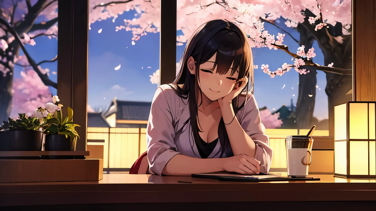 A beautiful intelligent woman concentrating while studying in a cafe listening to music with headphones、smile、warm lighting、Cherry blossoms are blooming outside the room、Japanese anime style