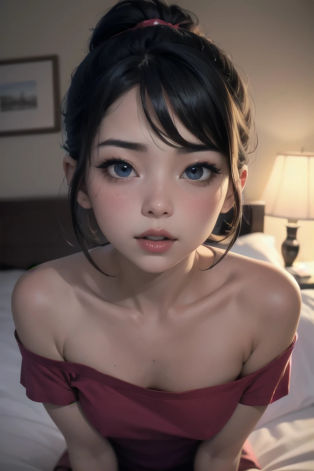 Close up shot, cute , black hair in two medium ponytails, sexy eyes, intense eye contact, small nose, red lips, orgasmic face, neck, collarbone, loose dark pink t shirt, bare shoulder, lying in bed, bed, bedroom, dark room, one lamp,, in bed