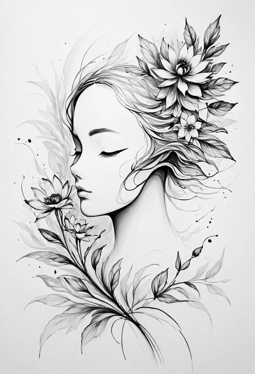 (Anime line drawing:1.5)，(black and white painting:1.45)，Minimalism，(line art:1.6)，sketch，mask，flower,Illustration in surreal art style，surreal dream，Dubrec style,