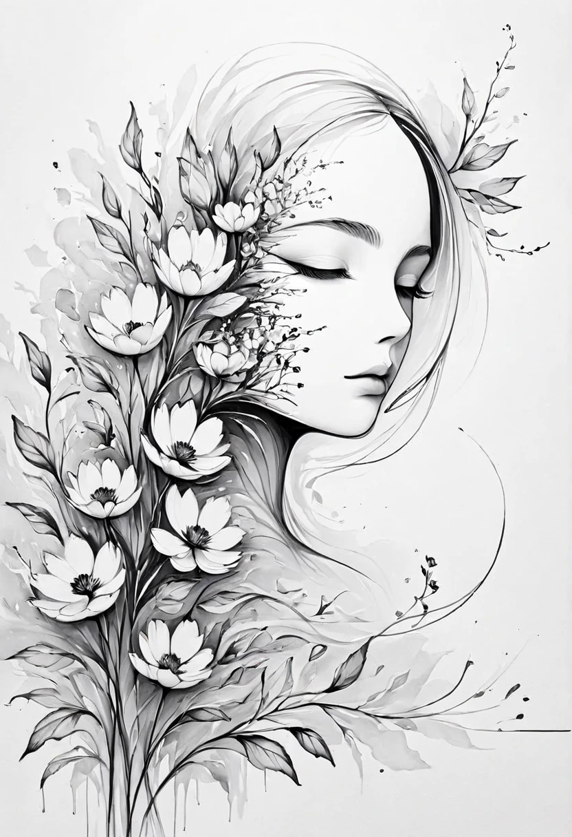 (Anime line drawing:1.5)，(black and white painting:1.45)，Minimalism，(line art:1.6)，sketch，mask，flower,Illustration in surreal art style，surreal dream，Dubrec style,