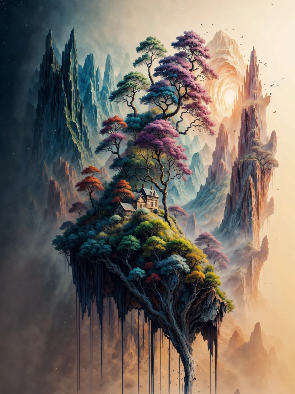 a painting of a small island with a tree and a house on it, 4k highly detailed digital art, 4k detailed digital art, 4k detailed art, detailed painting 4 k, beautiful art uhd 4 k, 4 k highly detailed art, highly detailed 4 k art, 8k stunning artwork, scenery artwork, 4k fantasy art, detailed 4 k painting