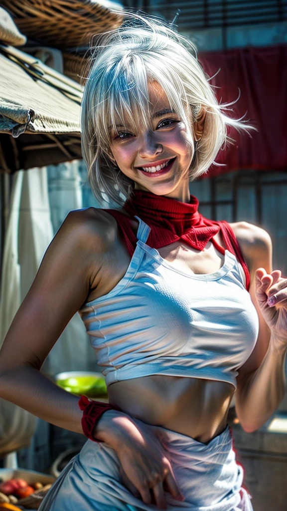 alice, anime art style, 1girl, solo, breasts, looking at viewer, smile, short hair, open mouth, large breasts, red eyes, hair between eyes, upper body, white hair, :d, blurry, chef