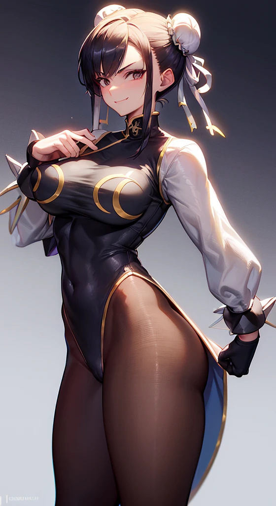 solo, masterpiece, best quality, agrias, grey sweater, black leotard, standing, looking at viewer, short hair,oculos,evil smile, evil look, chun li,luvas preta,roupa azul,yandere rosto,low lighting,coxa sarada
