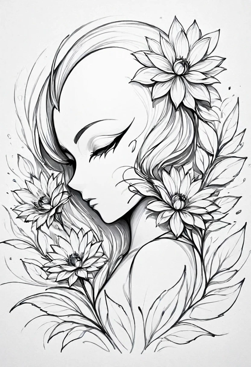 (Anime line drawing:1.5)，(black and white painting:1.45)，Minimalism，(line art:1.6)，sketch，mask，flower,Illustration in surreal art style，surreal dream，Dubrec style,