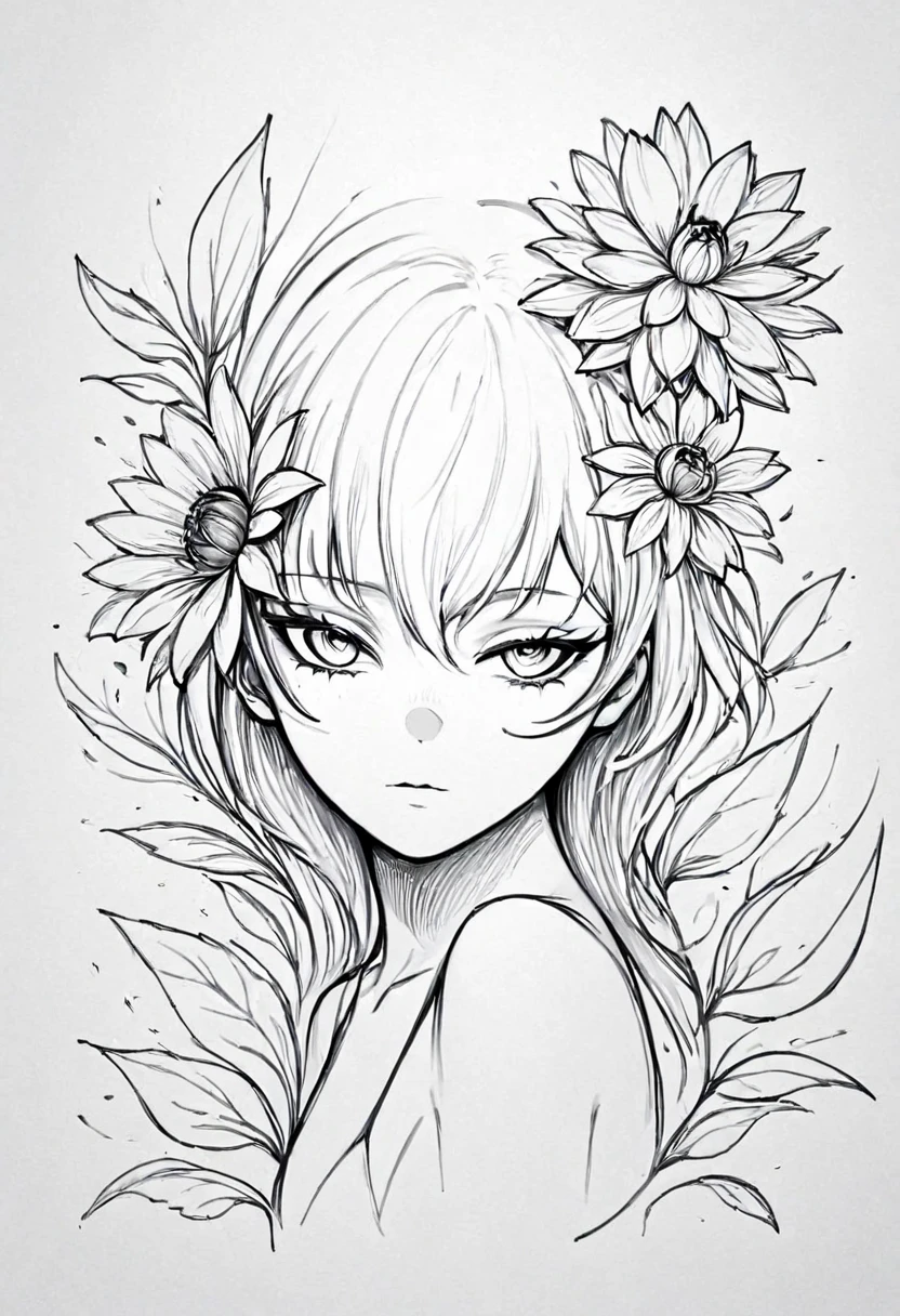 (Anime line drawing:1.5)，(black and white painting:1.45)，Minimalism，(line art:1.6)，sketch，mask，flower,Illustration in surreal art style，surreal dream，Dubrec style,