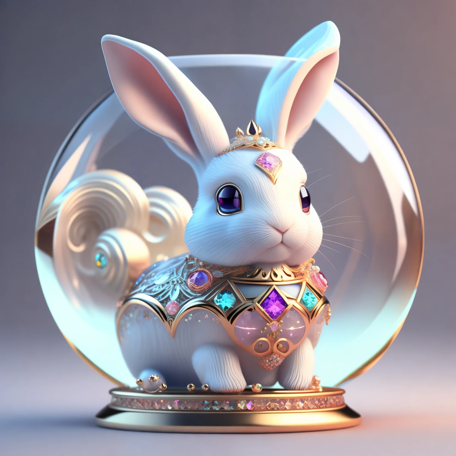 Cute crystal ball zodiac rabbit，Embellished with various jewelry pieces and low-poly eye designs, is a highly detailed and complex concept art piece using Artstation 8k quality.