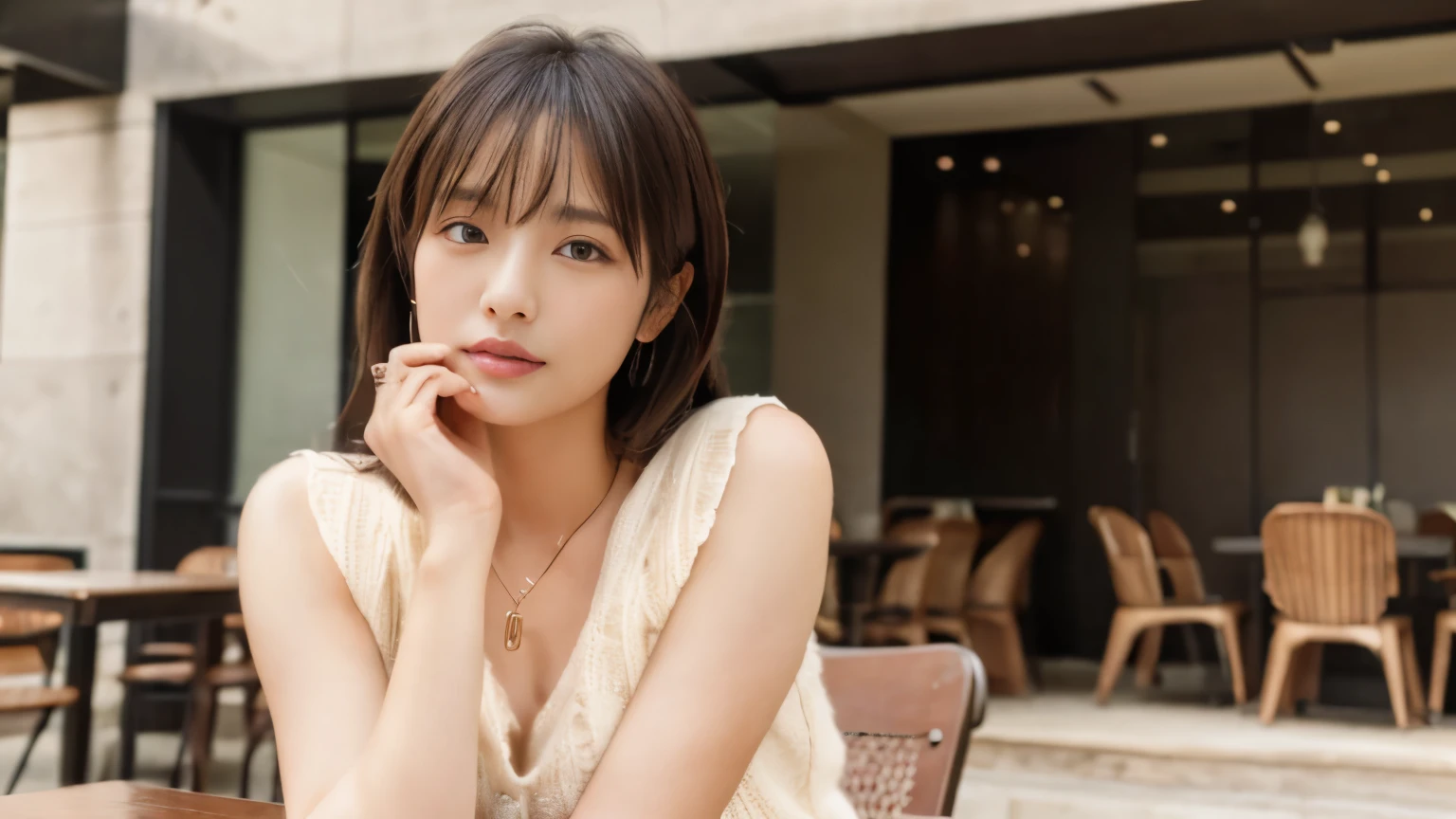 Camisole with large open chest、blanche