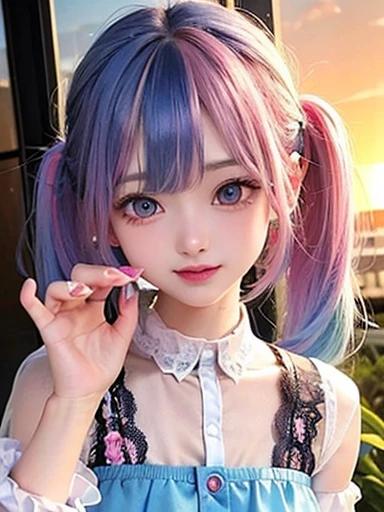 small face、 (alone:1.5,)Super detailed,bright colors, very beautiful detailed anime face and eyes, look straight,  shiny_skin,girl, (((rainbow colored hair, colorful hair, Half blue、half pink hair: 1.2))), 、shiny hair, delicate beautiful face, blush、Glasses、(turquoise eyes), , Valletta, earrings,、flower garden、sunset、(（(Stylish lace mini skirt,Translucent shirt)))、（twin tails）、（smile、happy face、face dyed red）、cheerful pose、dynamic、Upper body