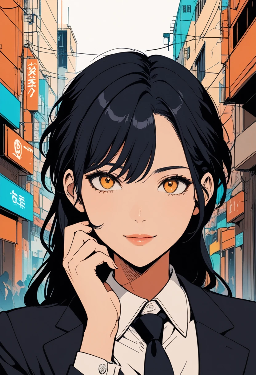 1girl, makima \(chainsaw man\), chainsaw man, black jacket, black necktie, black pants, braid, business suit, fingernails, formal, hand on own chin, jacket on shoulders, light smile, long sleeves, looking at viewer, looking up, medium breasts, office lady, smile, solo, suit, upper body, white shirt, outdoors, (masterpiece), (best quality), (ultra-detailed), very aesthetic, illustration, disheveled hair, perfect composition, moist skin, intricate details, anime artwork, anime style, key visual, vibrant, studio anime, highly detailed, Anime line art, lineart, line art, flat colors, flat color