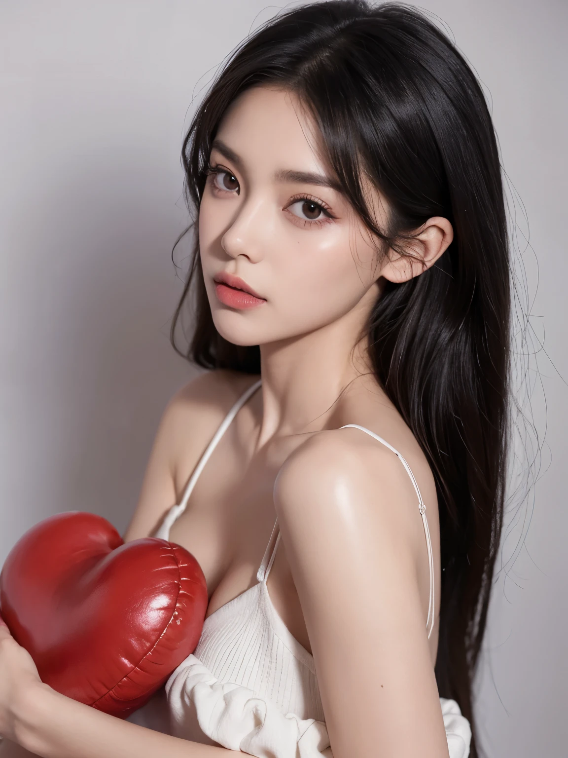 Kim jennie con el cabello negro oscuro, con rulos en las puntas del cabello negro oscuro, con un ganchito de estrella en el cabello negro oscuro, ojos de color claro, ojos bonitos, ojos llorosos, nariz bonita y respingada, labios bonitos, labios rosas, heart and cupid shaped lip, piel bonita, pale, piel blanca, con lunares y pecas en todo el rostro, rubor rosa suave en las mejilla, rubor rosa natural, maquillaje suave y rosa, jennie, cuellos bonito, cuello marcado, frown, mirada enojada, con un collar de beso, un collar bonito de beso, mientras muestra sus pechos con un brasier de conchas del mar, mientras un brasier en forma de conchas de mar, con una falda roja, mientras tiene una falda suelta de color rojo, mientras tiene el abdomen desnudo, delgado, marcado y bonito, (pechos grandes, pechos suaves, pechos bonitos, pechos naturales), mirando a la camara, autofoto