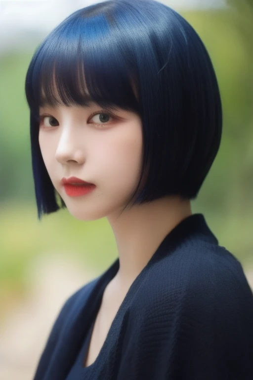 Close-up of a woman with blue bob hair and a black sweater, with short hair, Blue short haired woman, with short hair With bangs, she has black hair With bangs, with a bob cut, blue short hair, Blue short hair, with full bangs, princess cut, Black-haired Sui Ishida, With bangs, 黒princess cutヘア