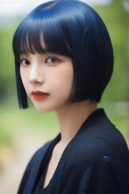 Close-up of a woman with blue bob hair and a black sweater, with short hair, Blue short haired woman, with short hair With bangs, she has black hair With bangs, with a bob cut, blue short hair, Blue short hair, with full bangs, princess cut, Black-haired Sui Ishida, With bangs, 黒princess cutヘア