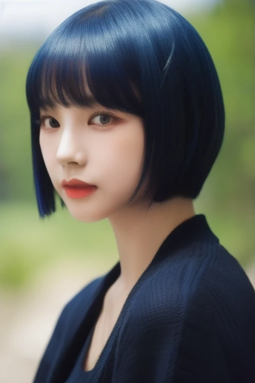 Close-up of a woman with blue bob hair and a black sweater, with short hair, Blue short haired woman, with short hair With bangs, she has black hair With bangs, with a bob cut, blue short hair, Blue short hair, with full bangs, princess cut, Black-haired Sui Ishida, With bangs, 黒princess cutヘア