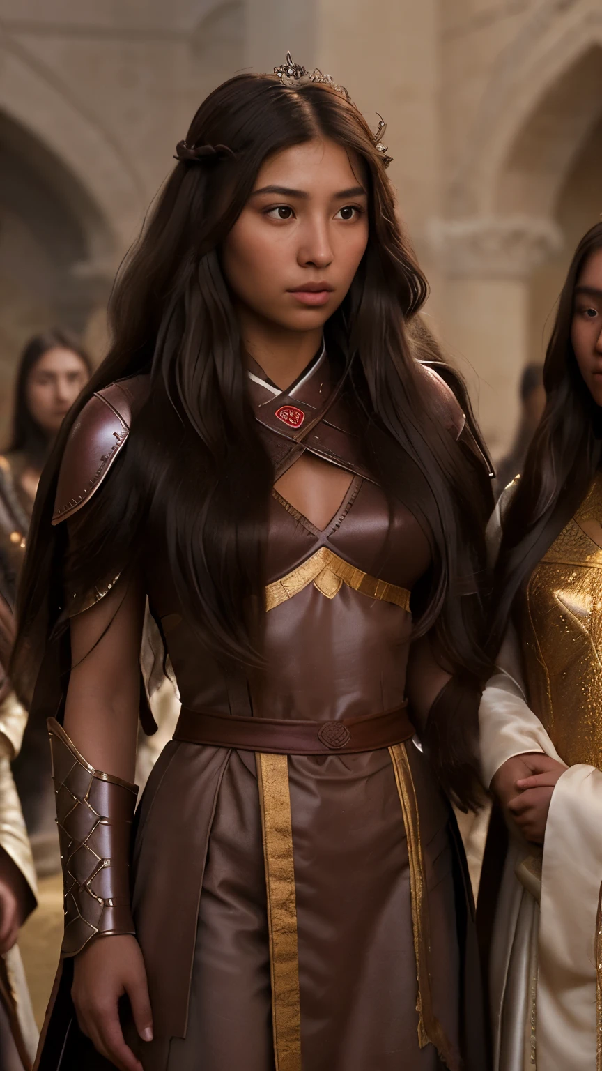 Generate hyper realistic Illustrate Genghis Khan's daughters inheriting their husbands' kingdoms after their deaths in battle, with Genghis Khan overseeing the process.
with hair resembling rich, velvety chocolate. Picture her daughters standing in a dreamlike setting, surrounded by soft, ethereal lighting that accentuates the luscious chocolate tones of her daughters hair. The dreamy atmosphere enhances her beauty, creating a captivating scene that transports viewers to a Spanish castle
