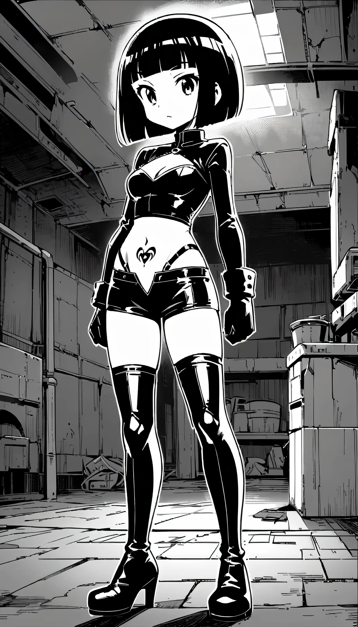 Anime line art, (monochrome), black and white, (colorless), Full body image of latex gothic fashion girl, Japanese cartoons, Lovely, dark hair, blunt bangs, Straight short Bob, (Navel tattoo), black gloves, Latex knee-high boots, High-gloss finish, Super detailed, (basement), 8K.