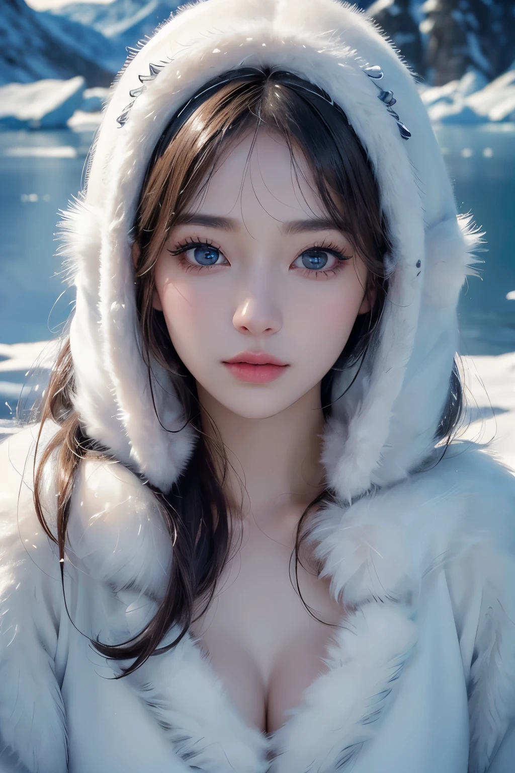 1 girl, beauty in the arctic, Exquisite eyes,beautiful and delicate lips,very detailed 눈과 얼굴,long eyelashes, with short permed hair, enchanted scenery,(best quality,4K,8 thousand,high resolution,masterpiece:1.2),very detailed,(realistic,realistic,realistic:1.37), dynamic pose, flock of penguins, fur-clad,
