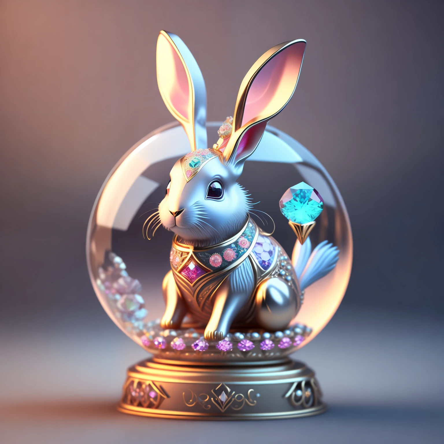 Cute crystal ball zodiac rabbit,Embellished with various jewelry pieces and low-poly eye designs, is a highly detailed and complex concept art piece using Artstation 8k quality.