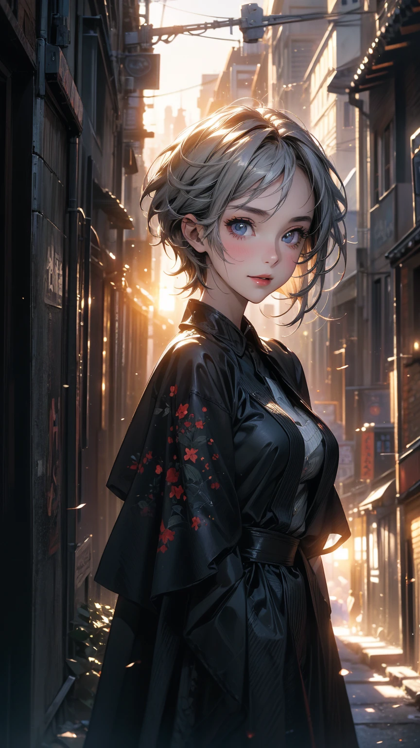 (Highly detailed CG unit 8k wallpaper, masterpiece, High resolution, highest quality), ((20 year old woman, Composition from head to stomach, upper body focus)), smile, detailed eyes, grunge fashion, Asymmetrical punk short hair:1.2, ash gray hair, A deserted back alley in Paris:1.3, cinematic lighting, anime style, digital painting, concept art,