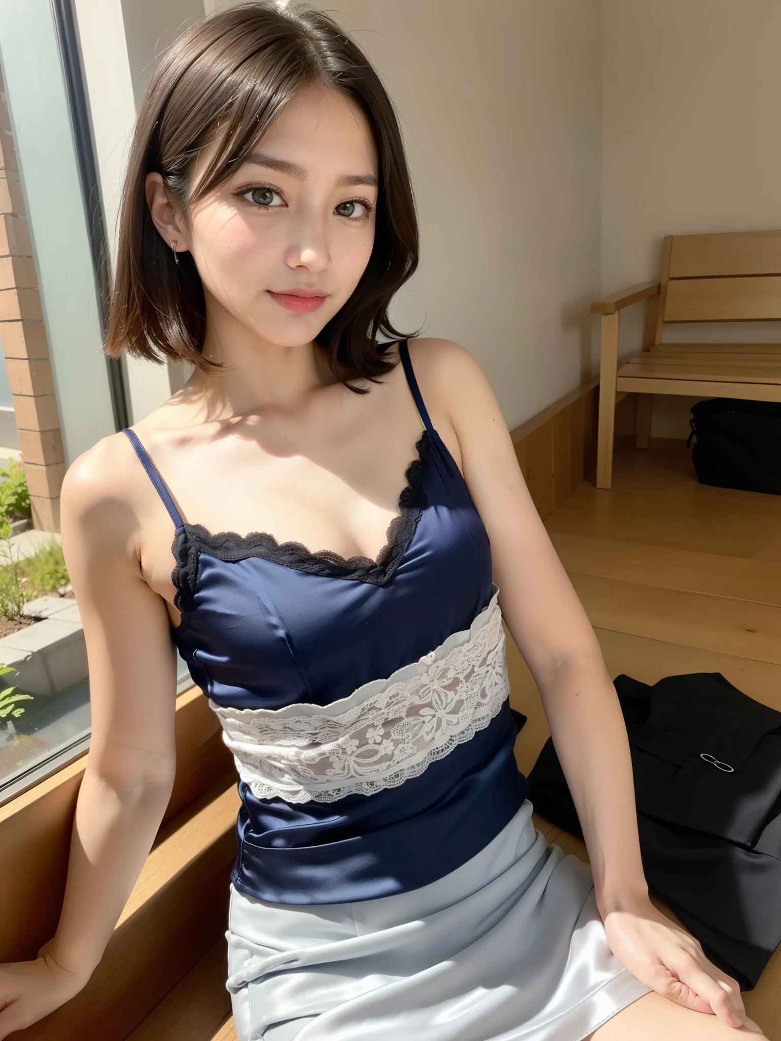 ((Best of the highest quality, 8k, Masterpiece: 1.3, raw photo)), Sharp focus: 1.2, (1 AESPA, slim body type female, 21 y/o: 1.1), (Solo: 1.2), (realistic, photo-realistic:1.37), face focus, cute face, finely eyes, (small breasts, flat chest, Thigh: 1.3), short messy hair, updo, (neat silk camisole, business skirt: 1.4), sitting garden bench, flower,