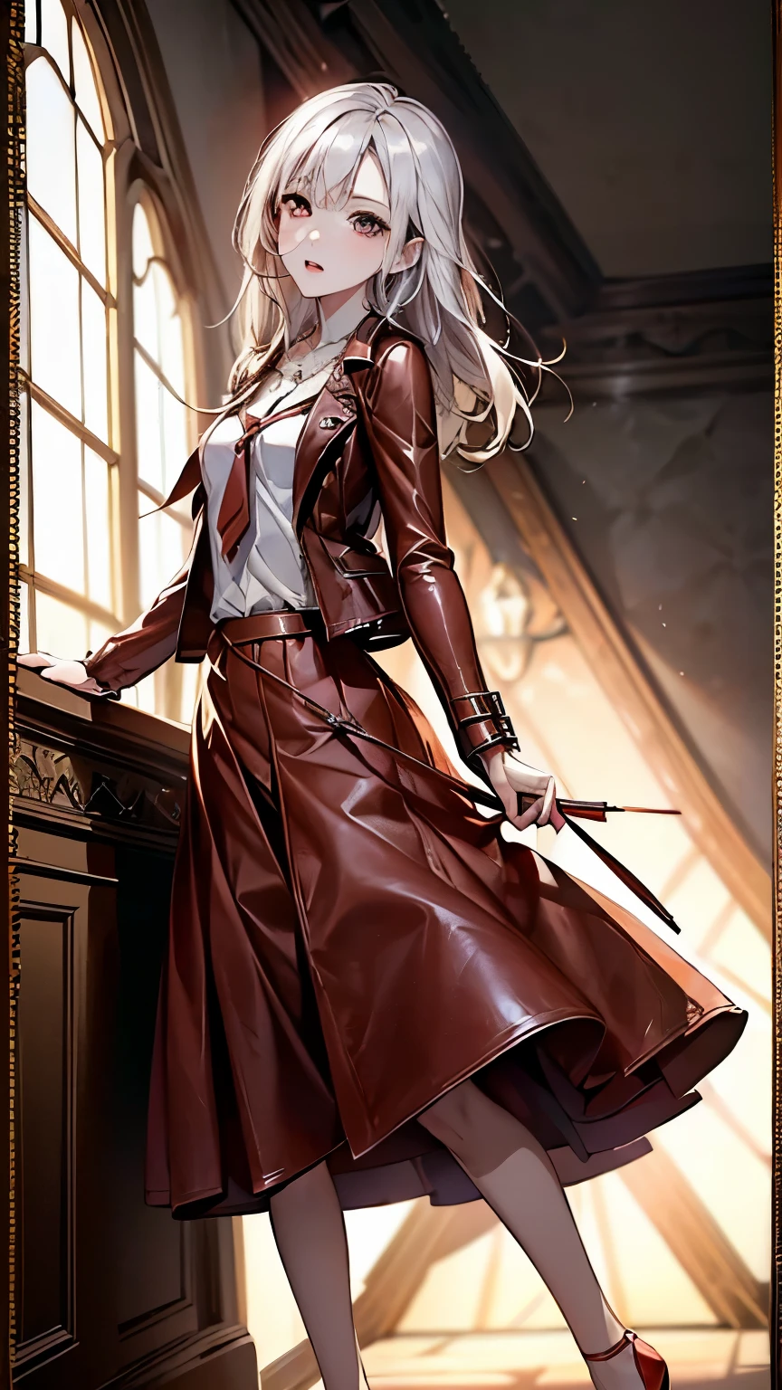 ((Biologically correct number of limbs))、(( Full body photo including face))、4K、((standing position))、masterpiece、((focus on the face))、((Symmetrical facial features))、Eyes with detailed description、Beautiful woman、outstanding style、beautiful clavicle、beautiful legs、beautiful hands、slender body、(stockings、high heels)、Detailed depiction of faces、small earrings、necklace、(leather jacket、Red Leather Skirt)、close up of face、lighting to the face、tie、Clear skies、(((white frame photo)))、Bewitching、