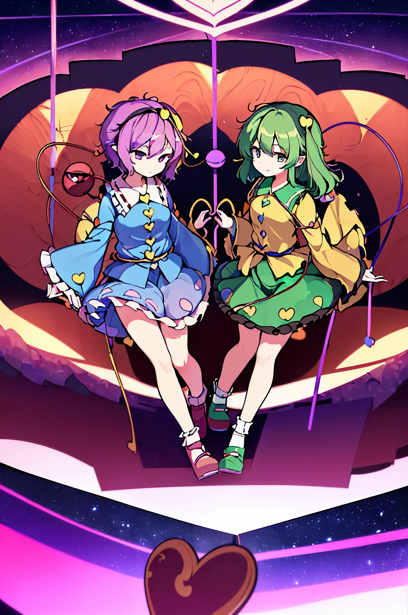 masterpiece, best quality, extremely detailed, anime, 2girls,(((touhou project))),(((Komeiji Satori))),,(((Komeiji Koishi))),(((heart hands)))